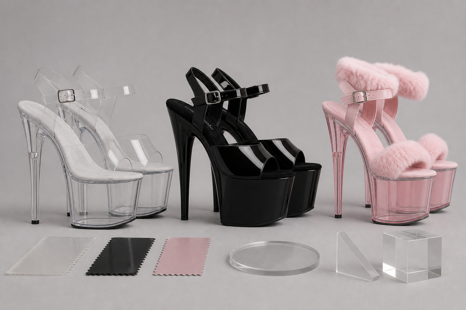 Босоніжки-стріпи Pleaser різних моделей у профіль, добре видно висоту підбору та товщину платформи