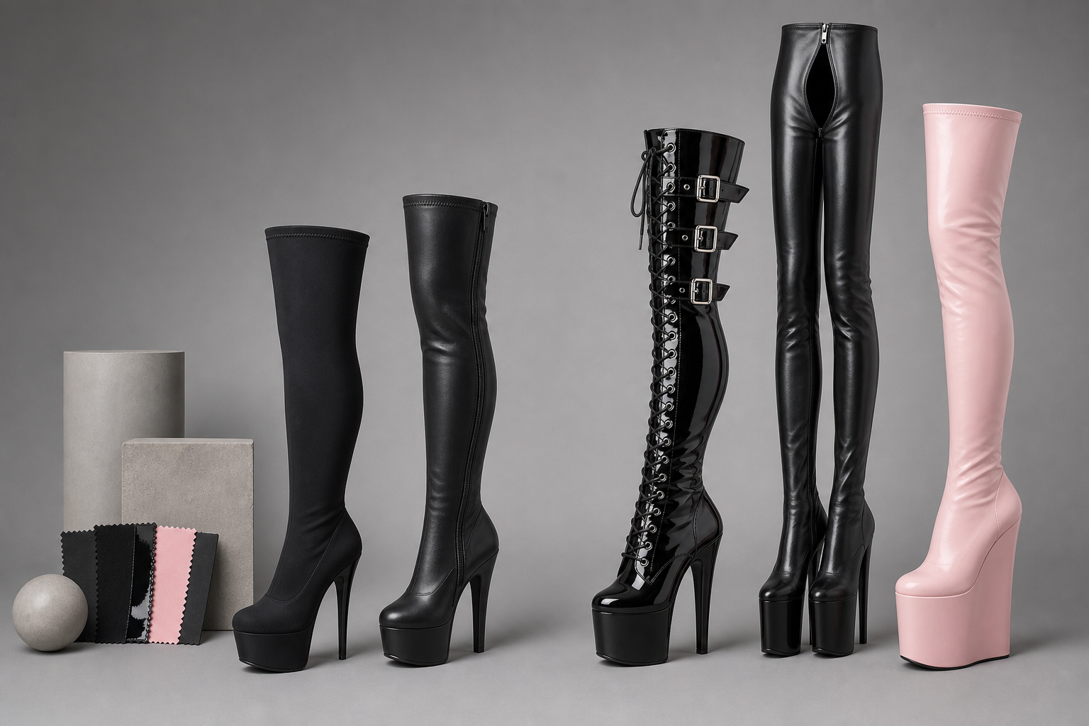 Basic thigh-high Pleaser boots next to extreme platform models showing different shaft heights and closures